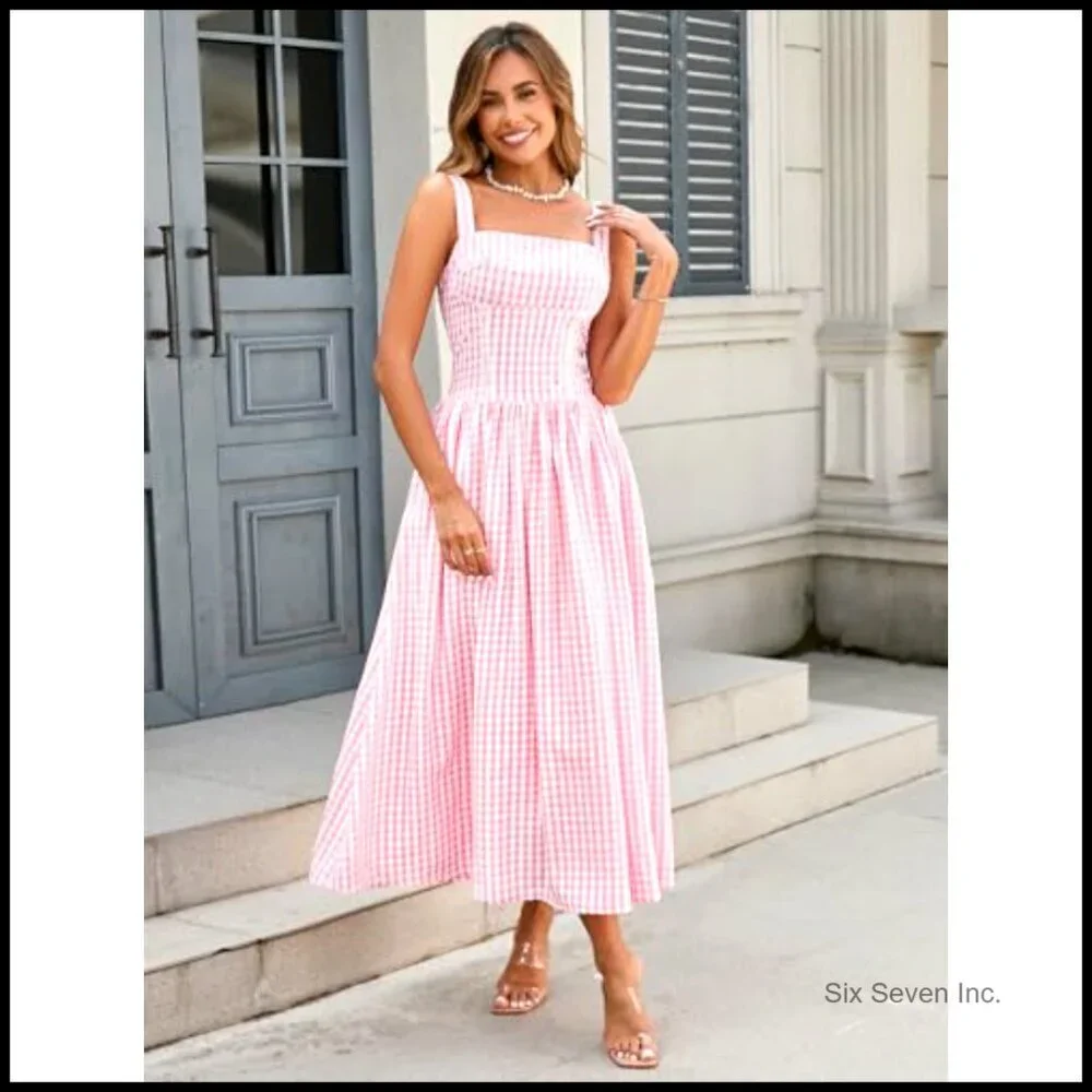 Summer Corset Midi Dress Flowy Square Neck Sleeveless Lace Wedding Guest - Picture 2 of 7